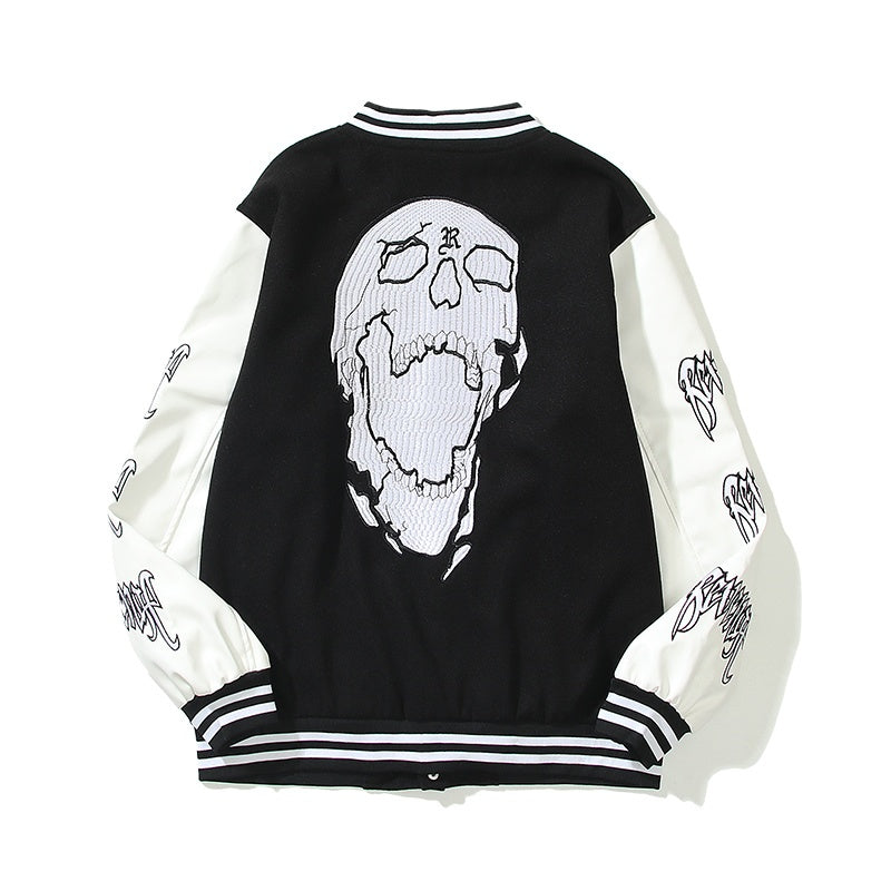 American-style baseball jacket Revenge Varsity Padded Jacket with Skull Embroidery and Leather Sleeves