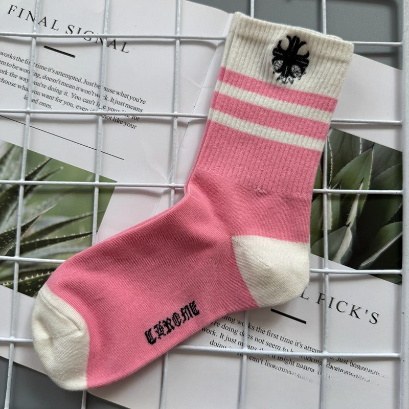 Chrome Hearts Socks Medium Tall Striped Letter Red Lip Embroidery