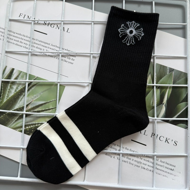 Chrome Hearts Socks Medium Tall Striped Letter Red Lip Embroidery