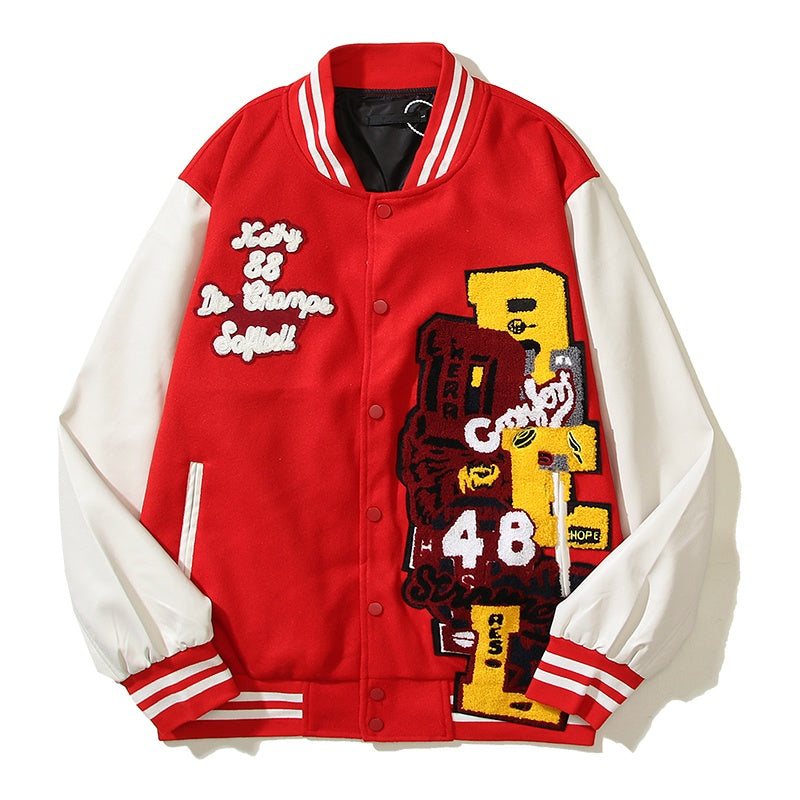 American-style baseball jacket Travis Scott Unisex Loose-Fit Varsity Jacket with Leather Sleeves and Terry Cloth Embroidery ¨C Fall/Winter Casual Style