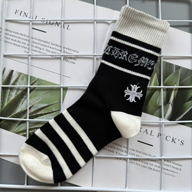 Chrome Hearts Socks Medium Tall Striped Letter Red Lip Embroidery