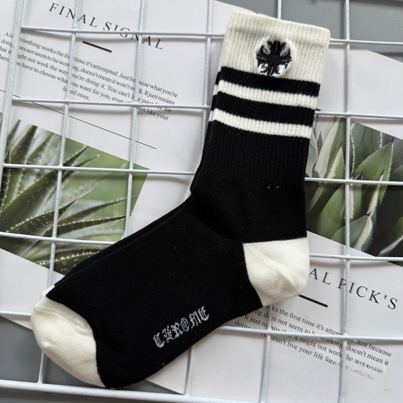 Chrome Hearts Socks Medium Tall Striped Letter Red Lip Embroidery