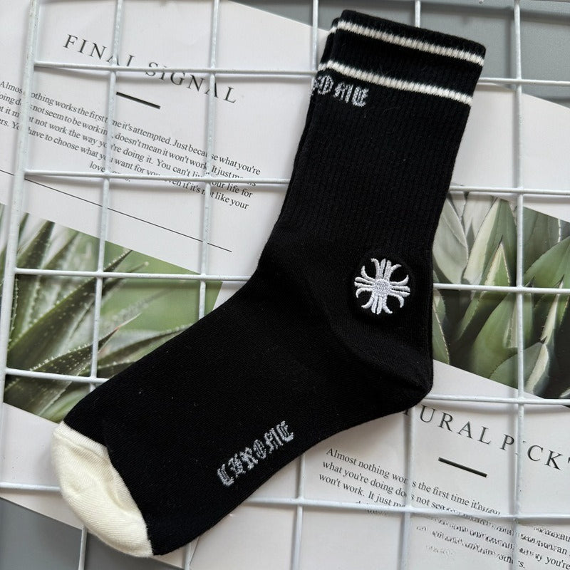 Chrome Hearts Socks Medium Tall Striped Letter Red Lip Embroidery