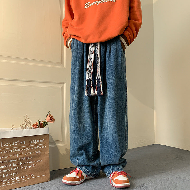 Men Jeans Worn Jeans Men Autumn and Winter Loose plus Size Wide Straight Wide Leg Casual Trousers