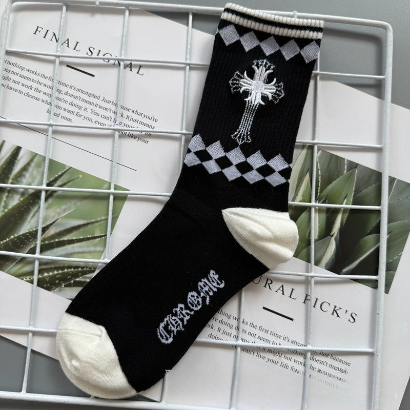 Chrome Hearts Socks Medium Tall Striped Letter Red Lip Embroidery