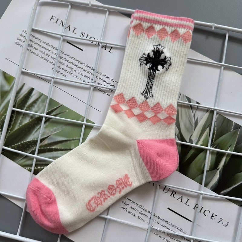 Chrome Hearts Socks Medium Tall Striped Letter Red Lip Embroidery