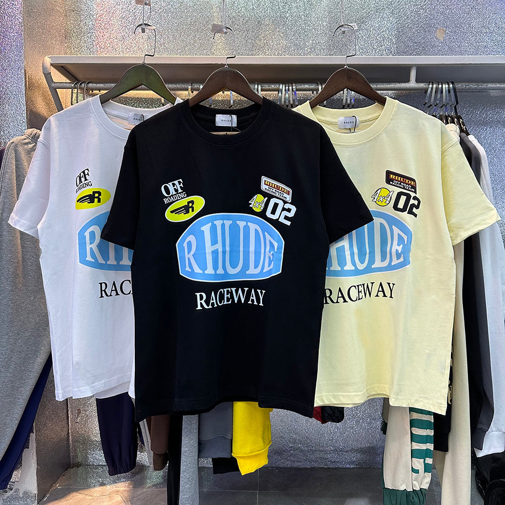 Rhude T Shirts Raceway Printing Cotton Casual Crew Neck Short Sleeve Men and Women