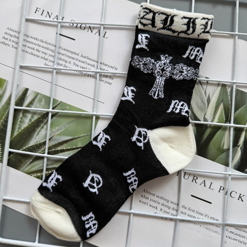 Chrome Hearts Socks Medium Tall Striped Letter Red Lip Embroidery