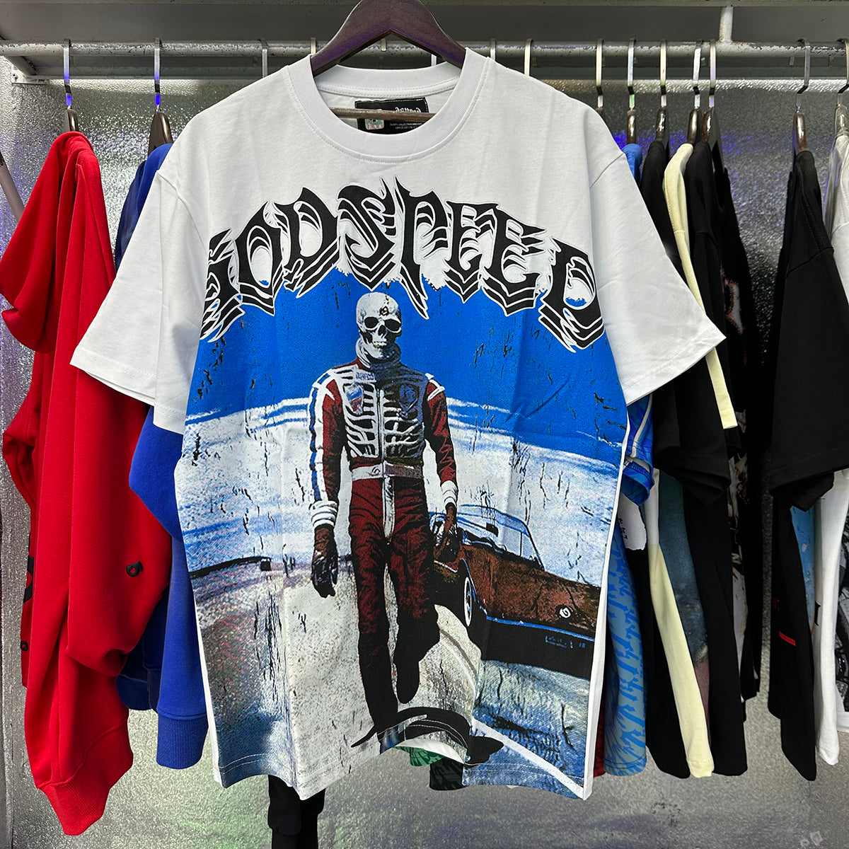 Godspeed T Shirts Sports Car Skull Racer Printed Cotton Casual Short Sleeve Men and Women