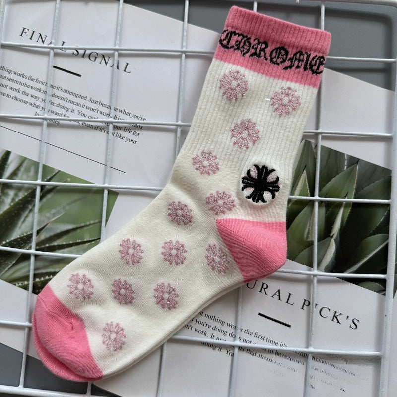 Chrome Hearts Socks Medium Tall Striped Letter Red Lip Embroidery